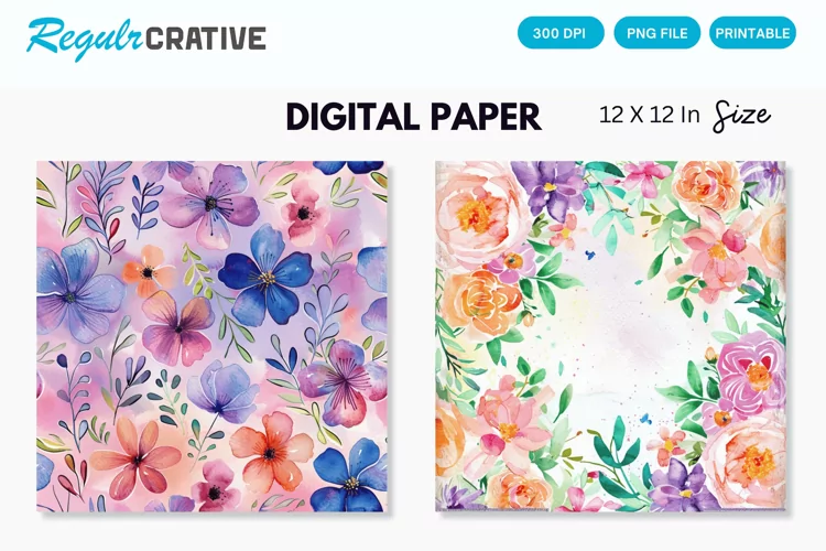 Watercolor Flower Medley Digital Paper , Flower Seamless PNG