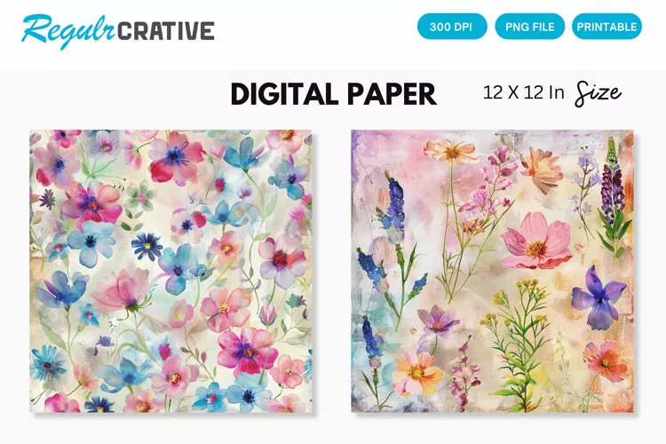 Watercolor Flower Medley Digital Paper , Flower Seamless PNG