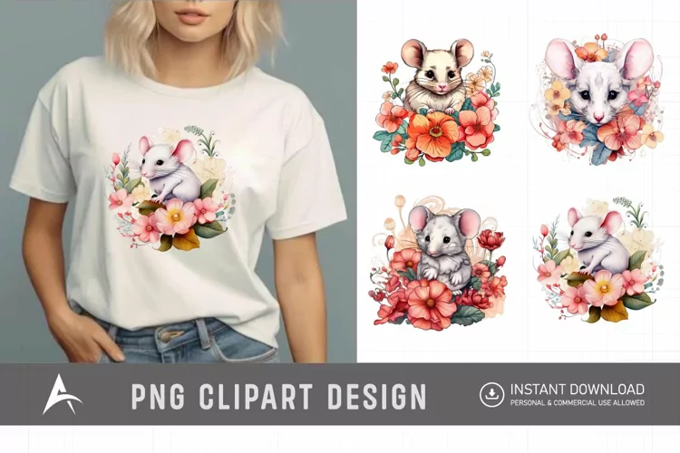 Watercolor Flower Mouse Clipart