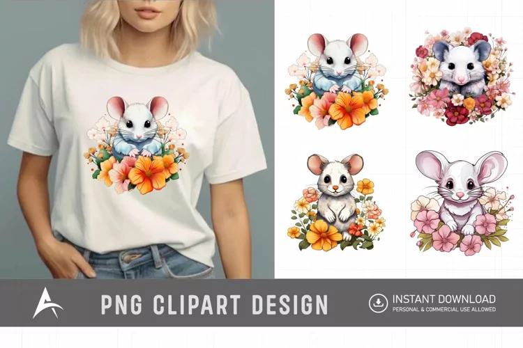 Watercolor Flower Mouse Clipart