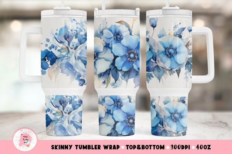 Watercolor Blue Flowers Tumbler Wrap Png | Tumbler 40oz
