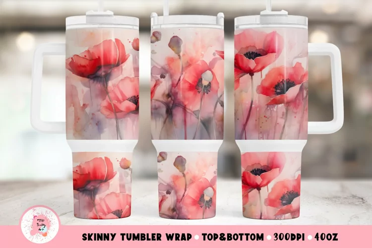 Watercolor Red Flowers Tumbler Wrap Png | Tumbler 40oz