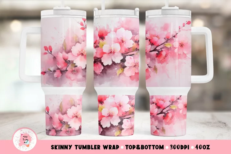 Watercolor Flowers Tumbler Wrap Png | Cherry Blossom 40oz