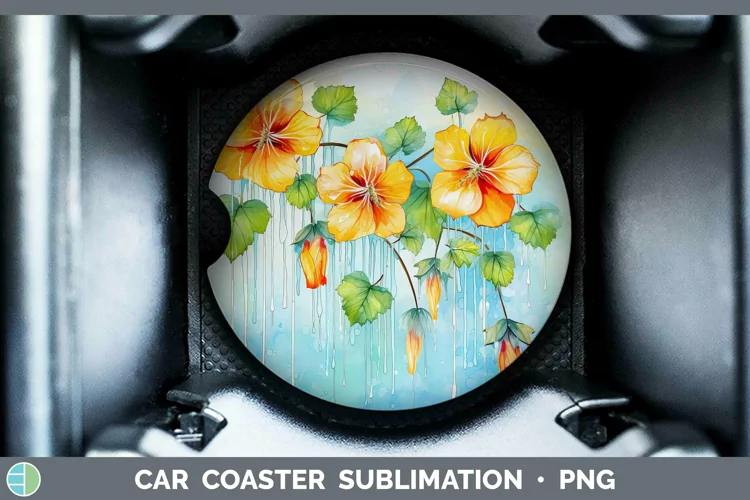 Watercolor Flowers Abutilon Car Coaster Sublimation Coaster