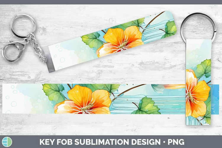 Watercolor Flowers Abutilon Key Fob Sublimation Wristlet Des