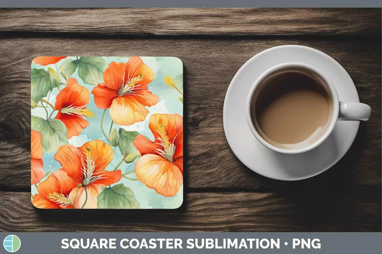 Watercolor Flowers Abutilon Square Coaster Sublimation Coast