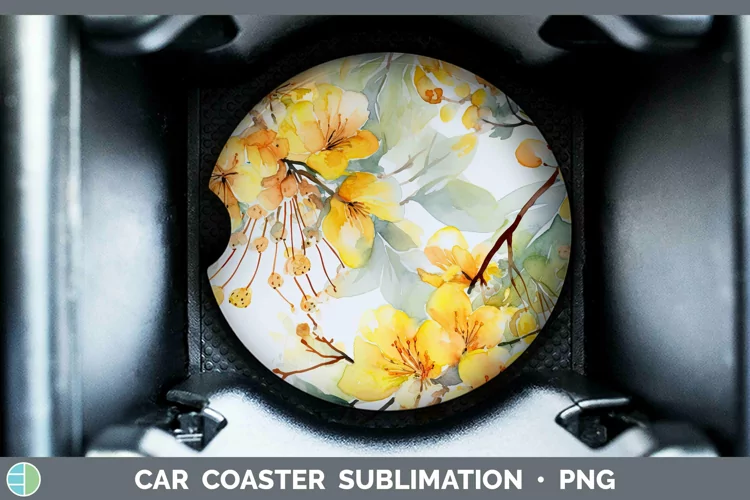 Watercolor Flowers Acacia Car Coaster Sublimation Coaster De