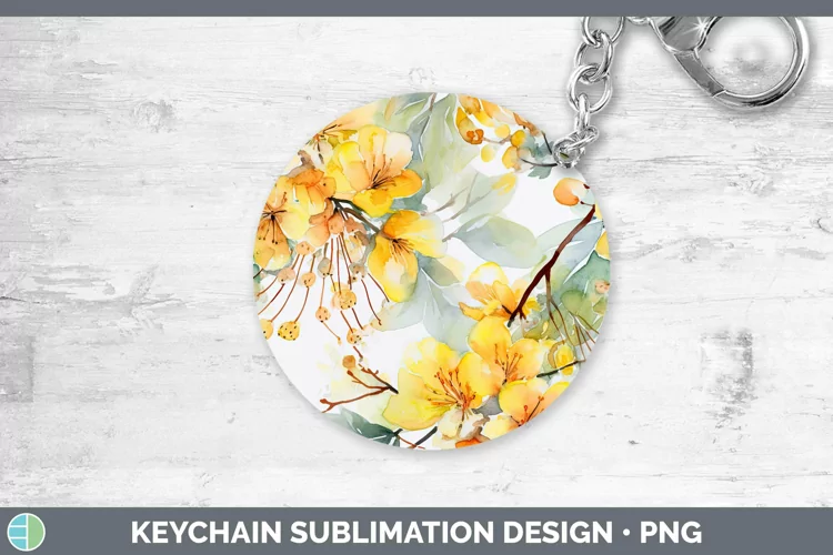 Watercolor Flowers Acacia Keychain Sublimation Keyring Desig
