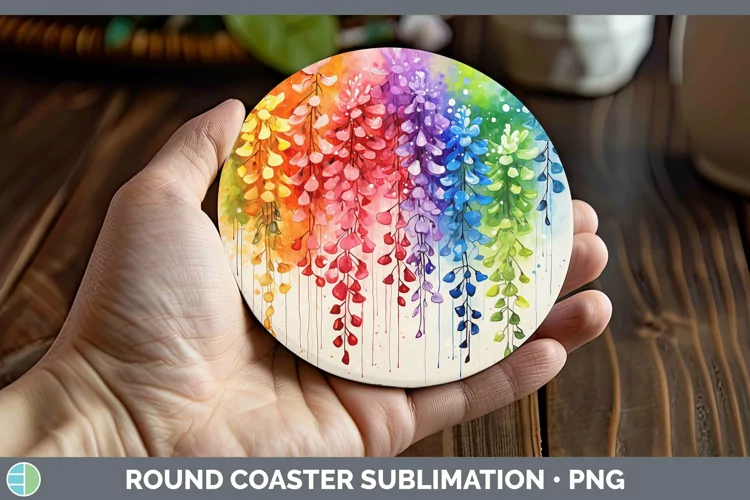 Watercolor Flowers Acacia Round Coaster Sublimation Coaster