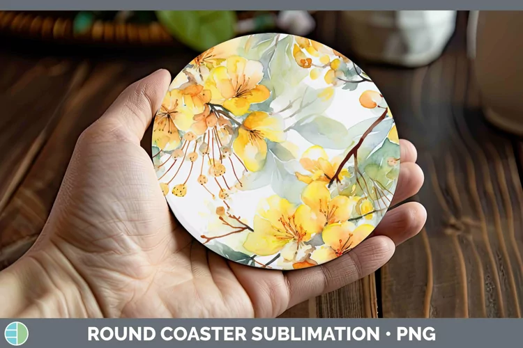 Watercolor Flowers Acacia Round Coaster Sublimation Coaster