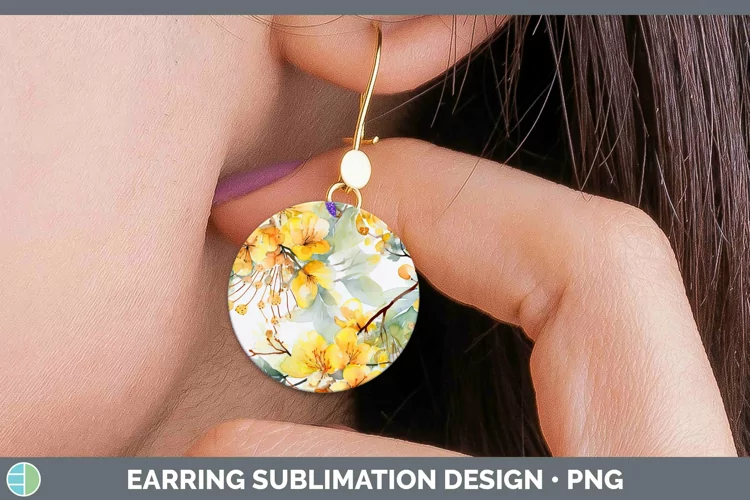 Watercolor Flowers Acacia Round Earrings Sublimation Earring