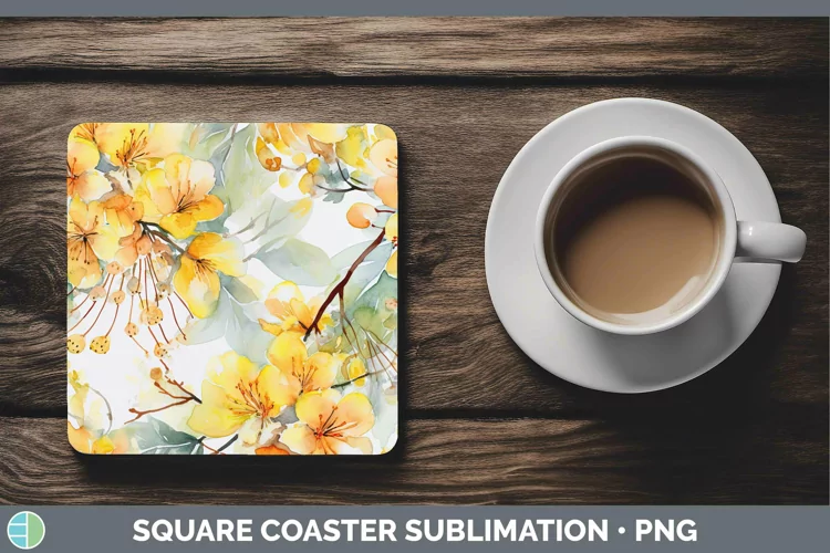 Watercolor Flowers Acacia Square Coaster Sublimation Coaster