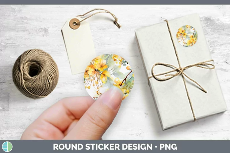 Watercolor Flowers Acacia Stickers | Round Labels Designs