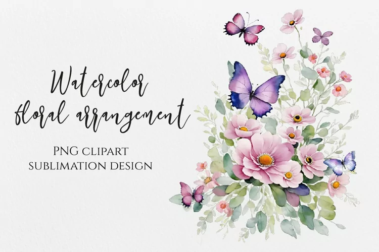Watercolor flowers and butterflies PNG for sublimation