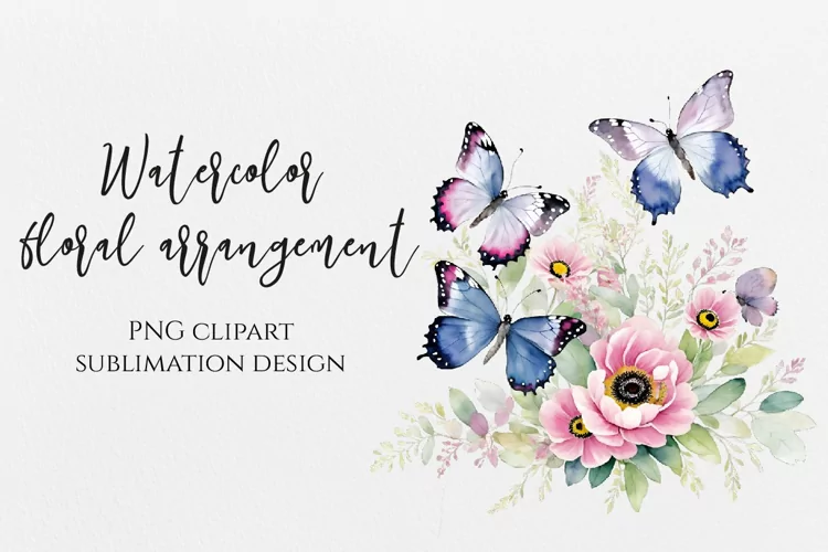 Watercolor flowers and butterflies PNG for sublimation