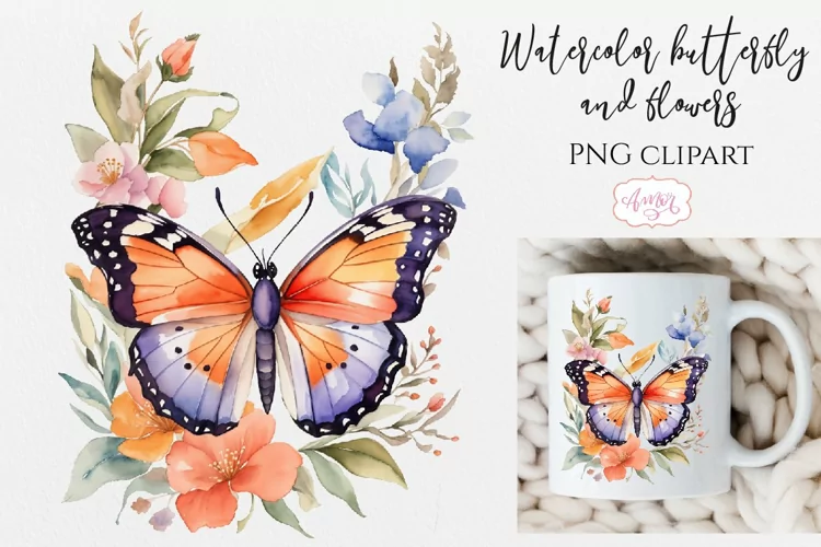 Watercolor flowers and butterfly PNG for sublimation