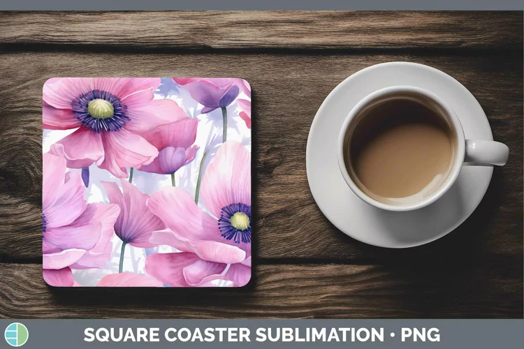 Watercolor Flowers Anemone Square Coaster Sublimation Coaste