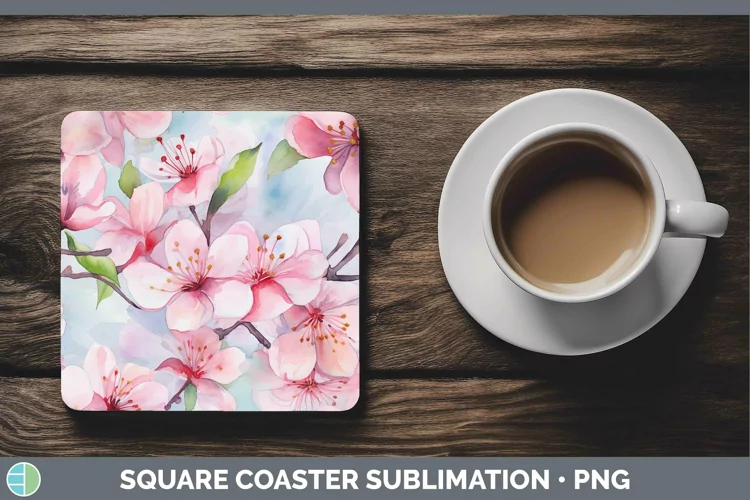 Watercolor Flowers Apple Blossom Square Coaster Sublimation