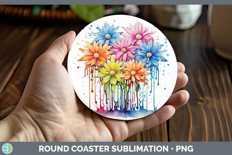 Watercolor Flowers Aster Round Coaster Sublimation Coaster D
