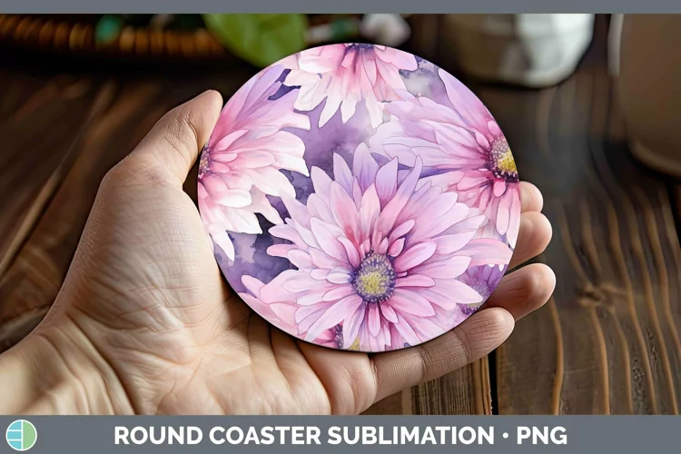 Watercolor Flowers Aster Round Coaster Sublimation Coaster D