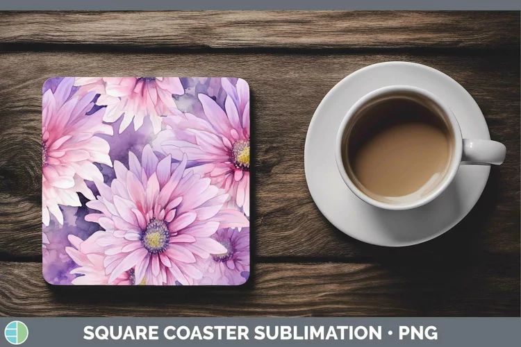 Watercolor Flowers Aster Square Coaster Sublimation Coaster