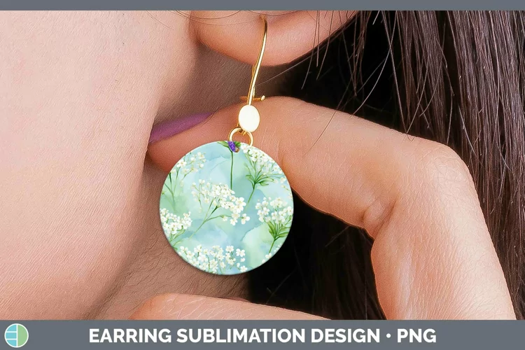 Watercolor Flowers Babys Breath Gypsophila Round Earrings Su