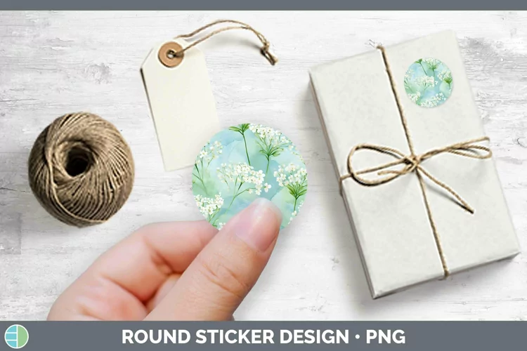 Watercolor Flowers Babys Breath Gypsophila Stickers | Round