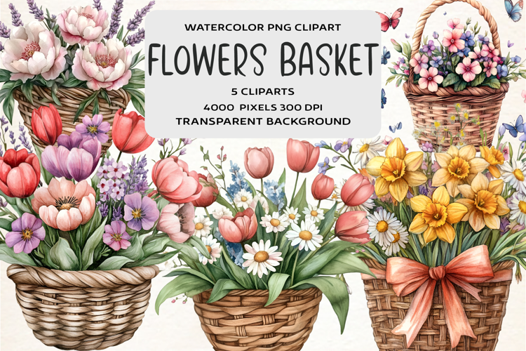 Watercolor Flowers Basket Clipart