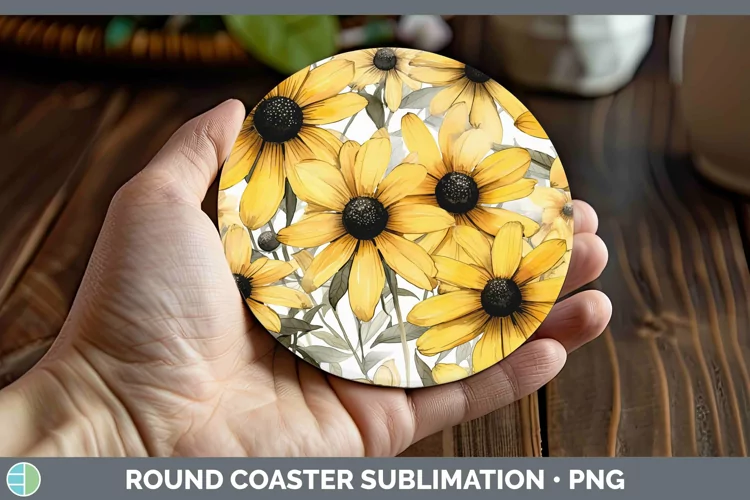 Watercolor Flowers Black-eyed Susan Round Coaster Sublimatio