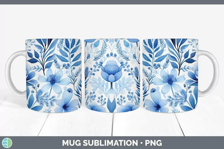 Watercolor Flowers Blue Mug Wrap Sublimation Coffee Cup Desi