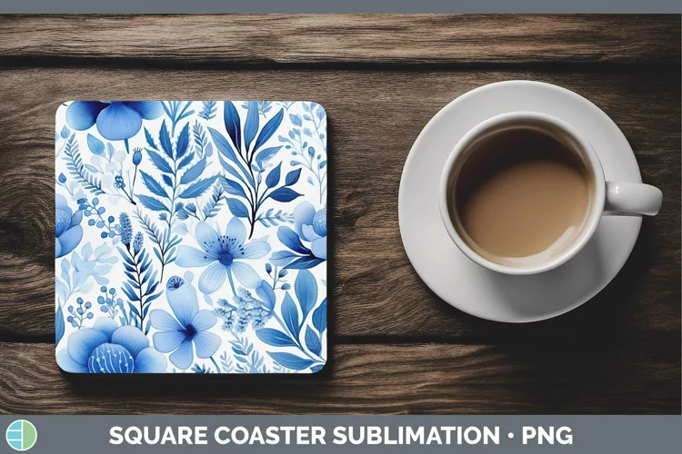 Watercolor Flowers Blue Square Coaster Sublimation Coaster D