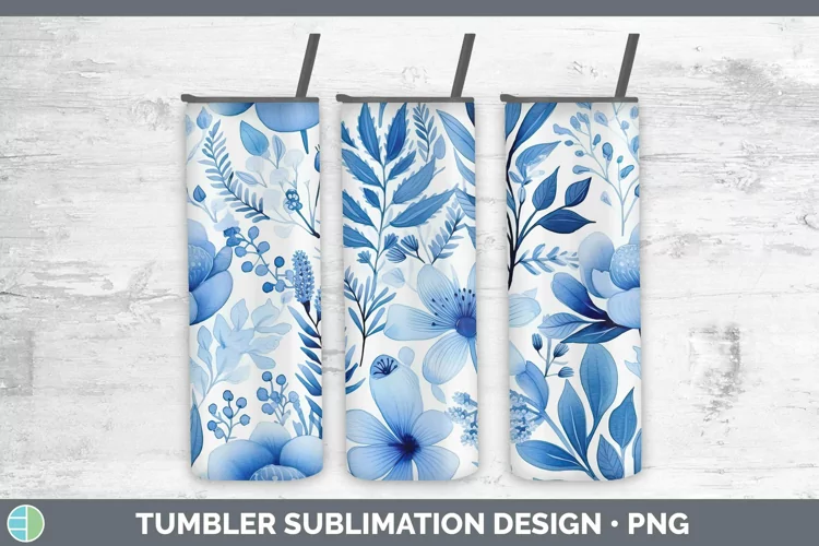 Watercolor Flowers Blue Tumbler Sublimation 20 oz Skinny Tum