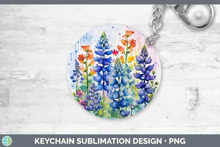Watercolor Flowers Bluebonnet Keychain Sublimation Keyring D