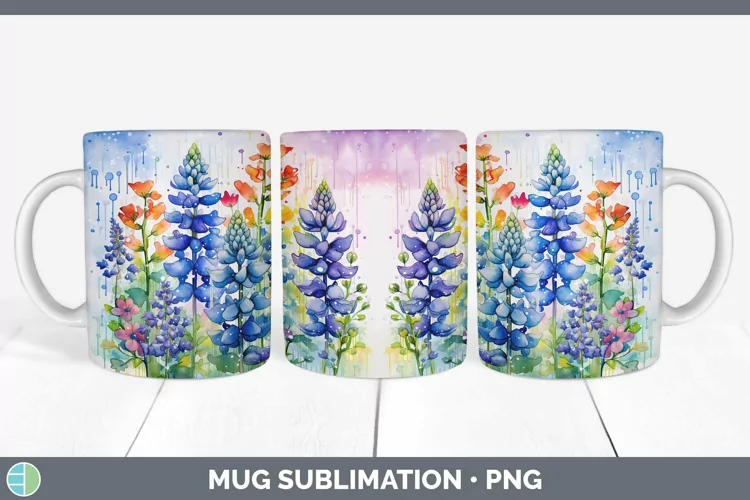 Watercolor Flowers Bluebonnet Mug Wrap Sublimation Coffee Cu
