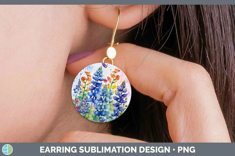 Watercolor Flowers Bluebonnet Round Earrings Sublimation Ear