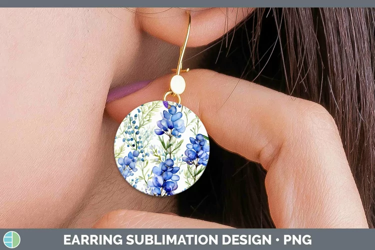 Watercolor Flowers Bluebonnet Round Earrings Sublimation Ear