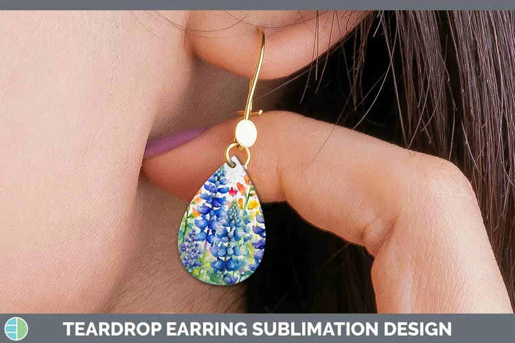 Watercolor Flowers Bluebonnet Teardrop Earrings Sublimation