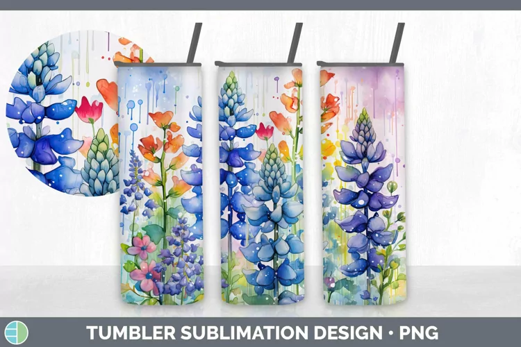 Watercolor Flowers Bluebonnet Tumbler Sublimation 20 oz Skin