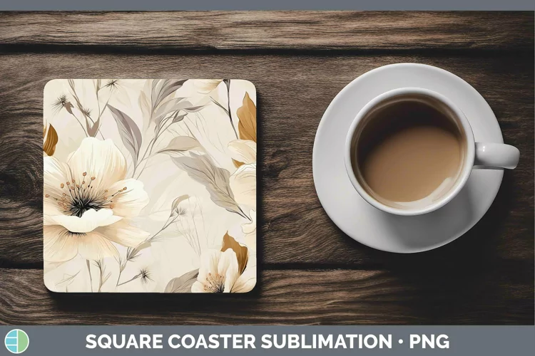 Watercolor Flowers Brown Square Coaster Sublimation Coaster
