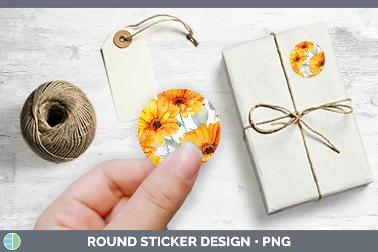 Watercolor Flowers Calendula Stickers | Round Labels Designs