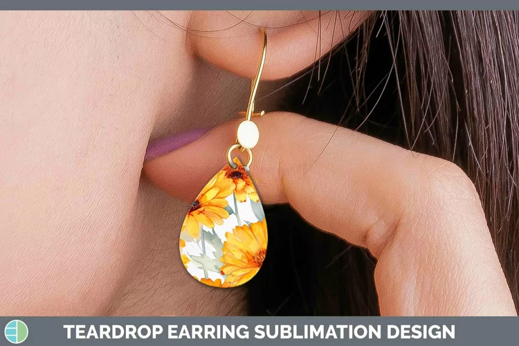 Watercolor Flowers Calendula Teardrop Earrings Sublimation E