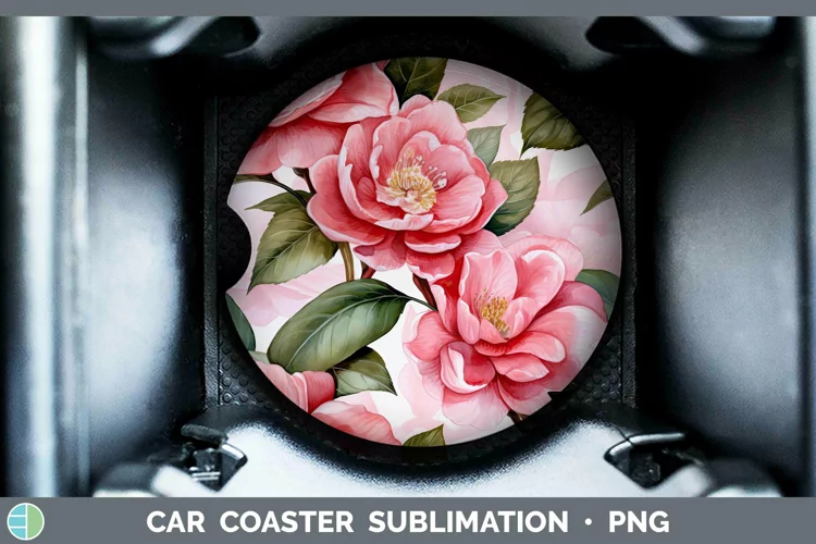 Watercolor Flowers Camellia Car Coaster Sublimation Coaster