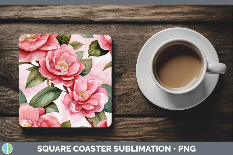 Watercolor Flowers Camellia Square Coaster Sublimation Coast