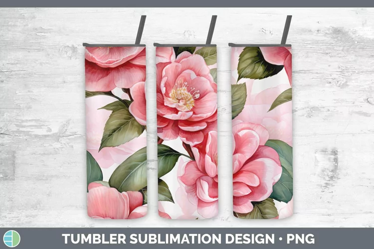 Watercolor Flowers Camellia Tumbler Sublimation 20 oz Skinny