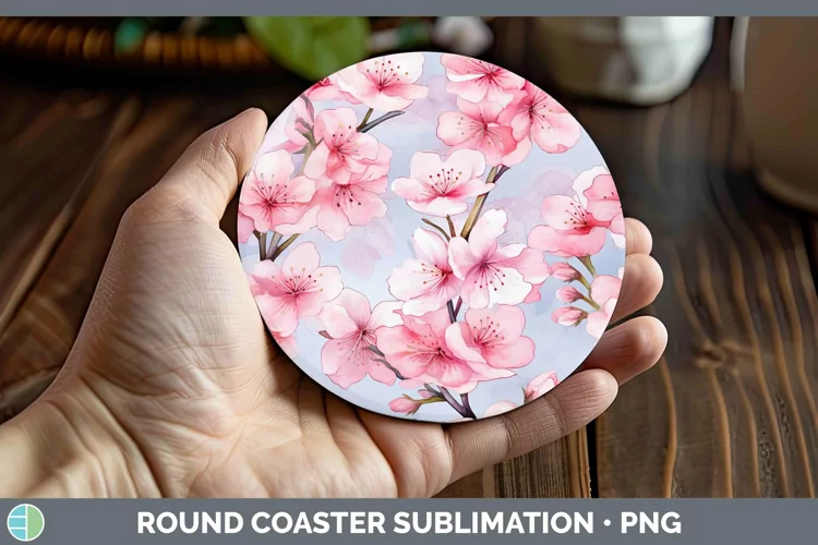 Watercolor Flowers Cherry Blossom Round Coaster Sublimation