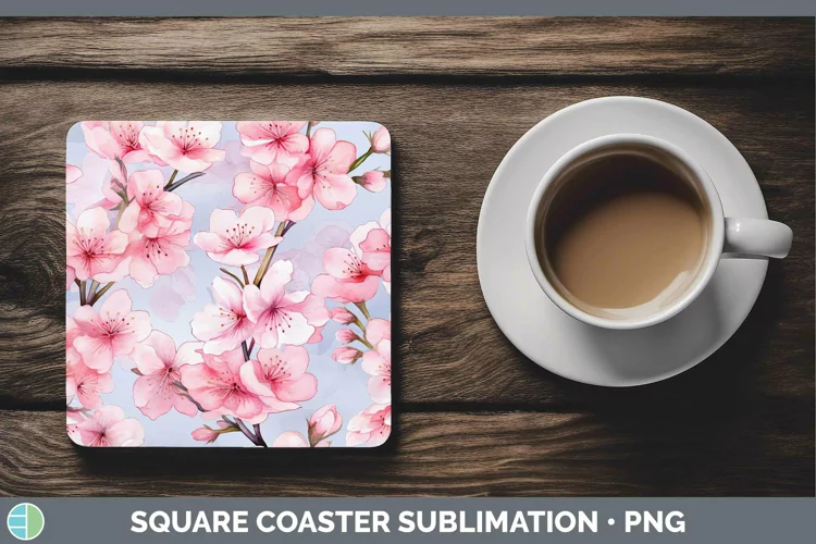 Watercolor Flowers Cherry Blossom Square Coaster Sublimation