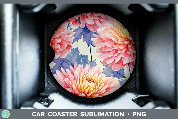 Watercolor Flowers Chrysanthemum Car Coaster Sublimation Coa