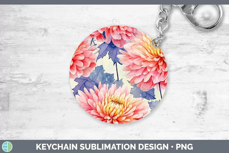 Watercolor Flowers Chrysanthemum Keychain Sublimation Keyrin