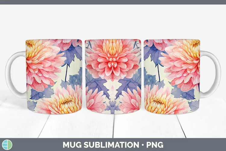 Watercolor Flowers Chrysanthemum Mug Wrap Sublimation Coffee