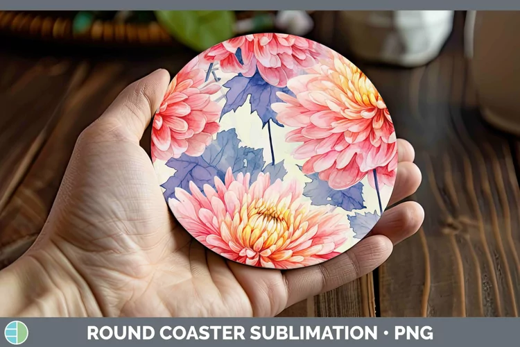 Watercolor Flowers Chrysanthemum Round Coaster Sublimation C